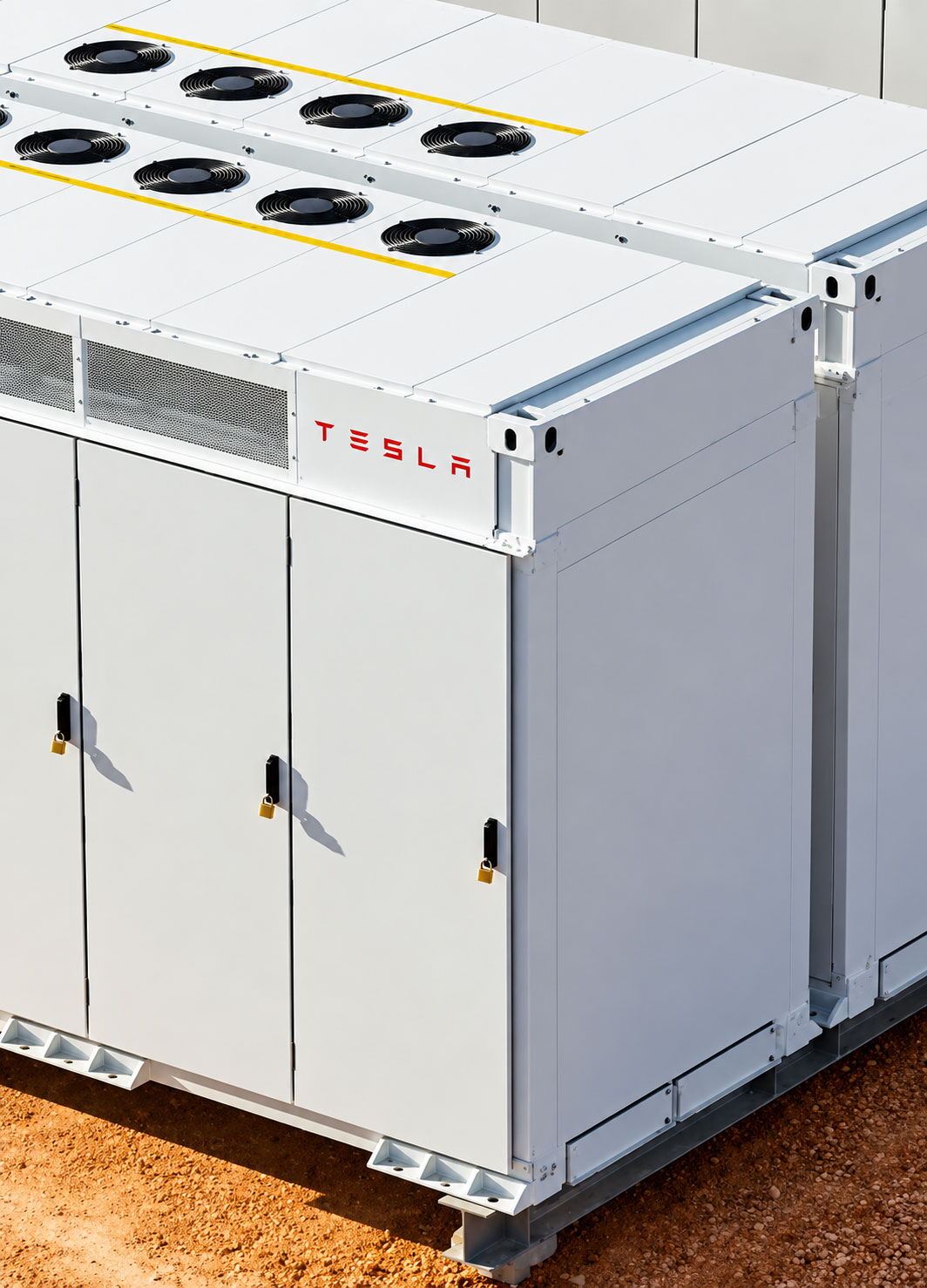 Tesla-Storage-Batter Close-up of Tesla Megapack commercial battery storage units with cooling fans