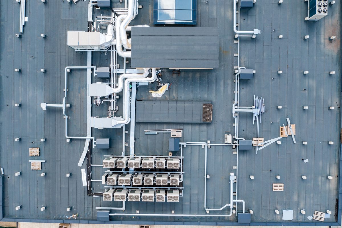 Rooftop HVAC ductwork Aerial view of rooftop HVAC ductwork and ventilation
