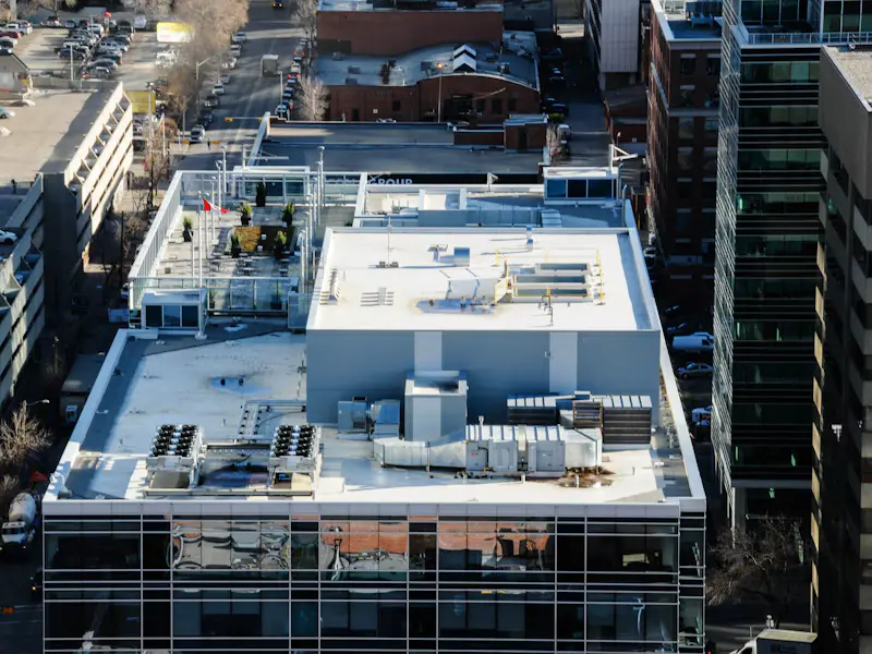 stategic hvac Rooftops of modern commercial buildings in a city